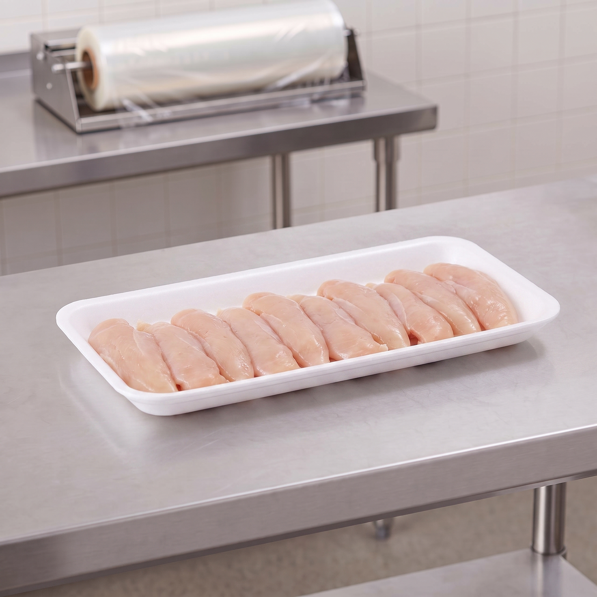 CKF 88115 #10S white foam meat tray holding a row of raw chicken tenders on a stainless steel table in a meat packing room