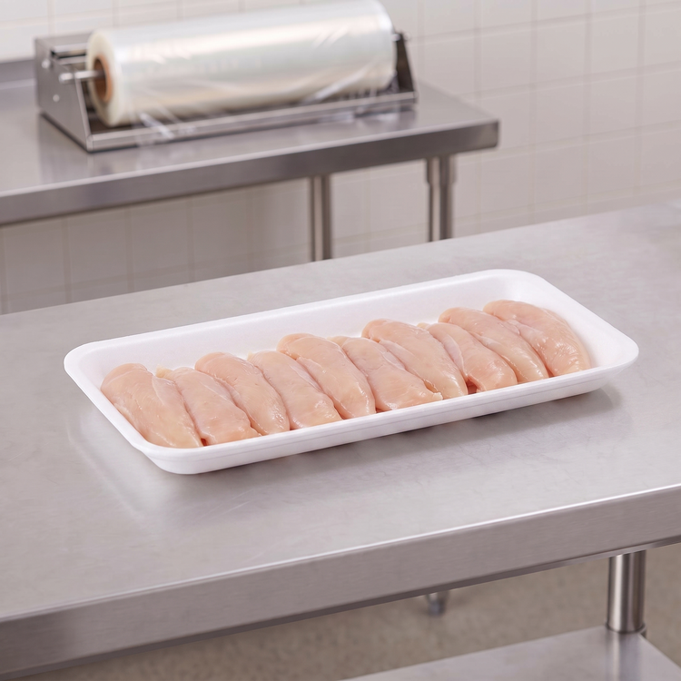 CKF 88115 #10S white foam meat tray holding a row of raw chicken tenders on a stainless steel table in a meat packing room
