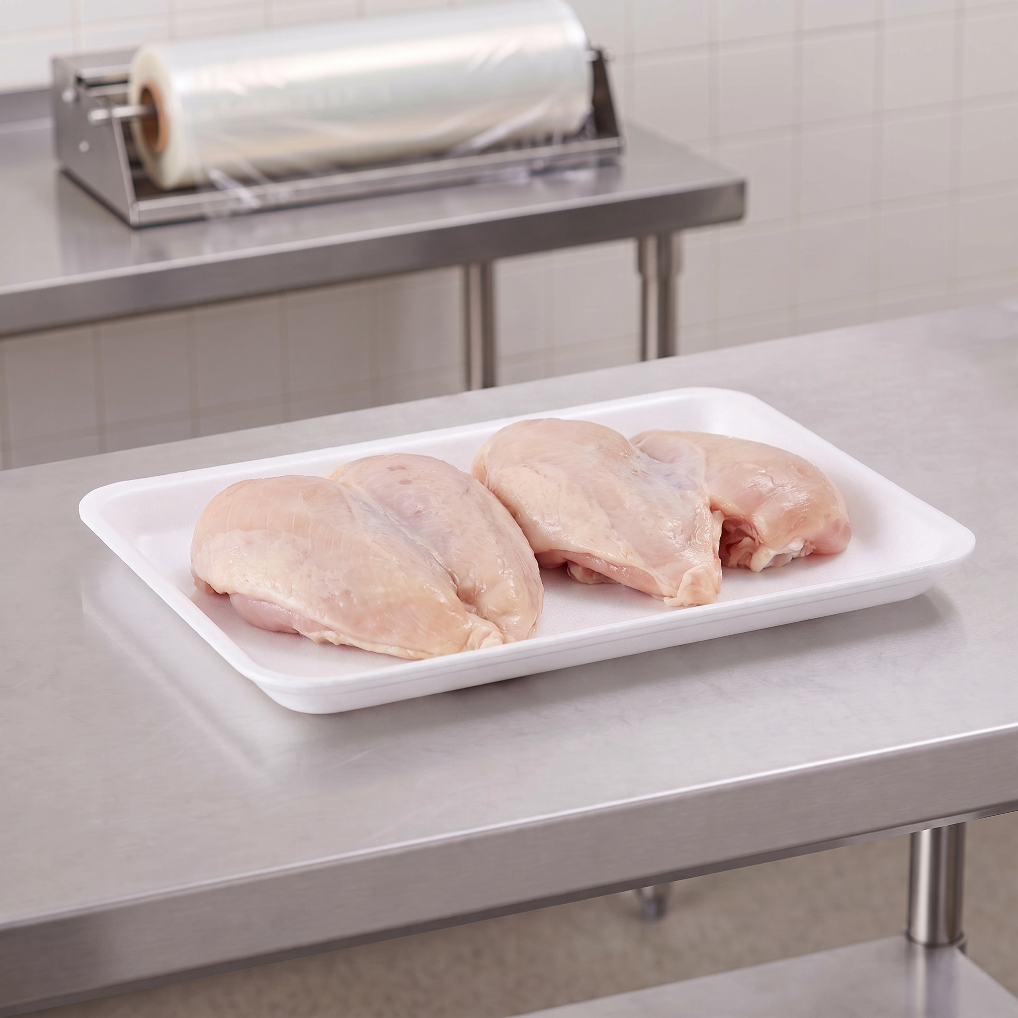 CKF 88116 #16S white foam meat tray holding two raw bone-in chicken breasts on a stainless steel table in a meat packing room