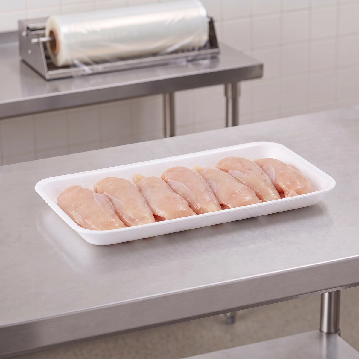 CKF 88117 #17S white foam meat tray holding raw chicken tenders on a stainless steel table in a meat packing room