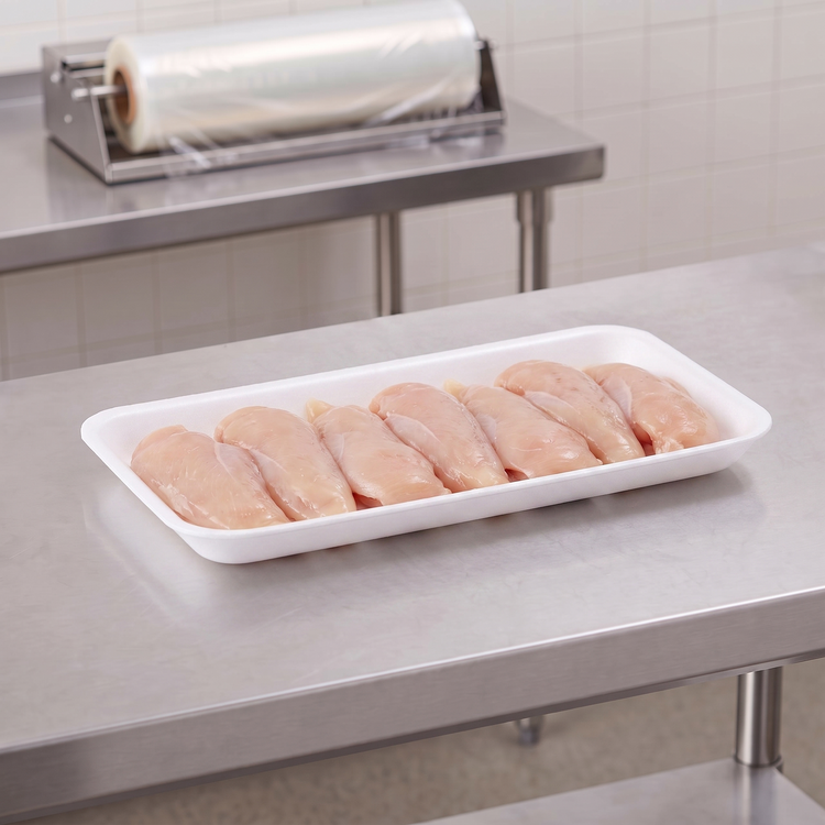 CKF 88117 #17S white foam meat tray holding raw chicken tenders on a stainless steel table in a meat packing room