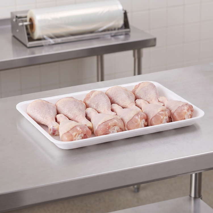 CKF 88120 #20S white foam meat tray holding raw chicken drumsticks on a stainless steel table in a meat packing room