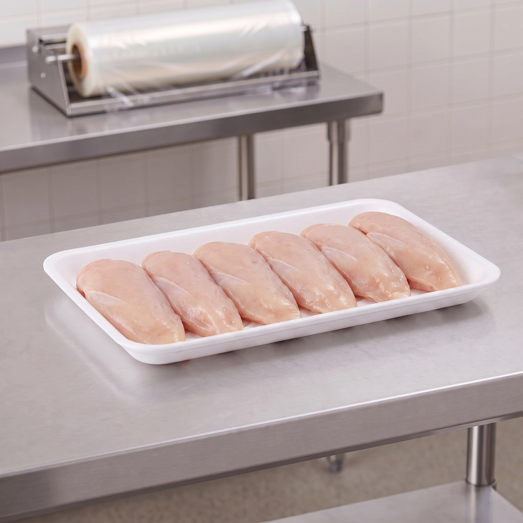 CKF 88125 #25S white foam meat tray holding a row of raw boneless chicken breasts on a stainless steel table in a meat packing room