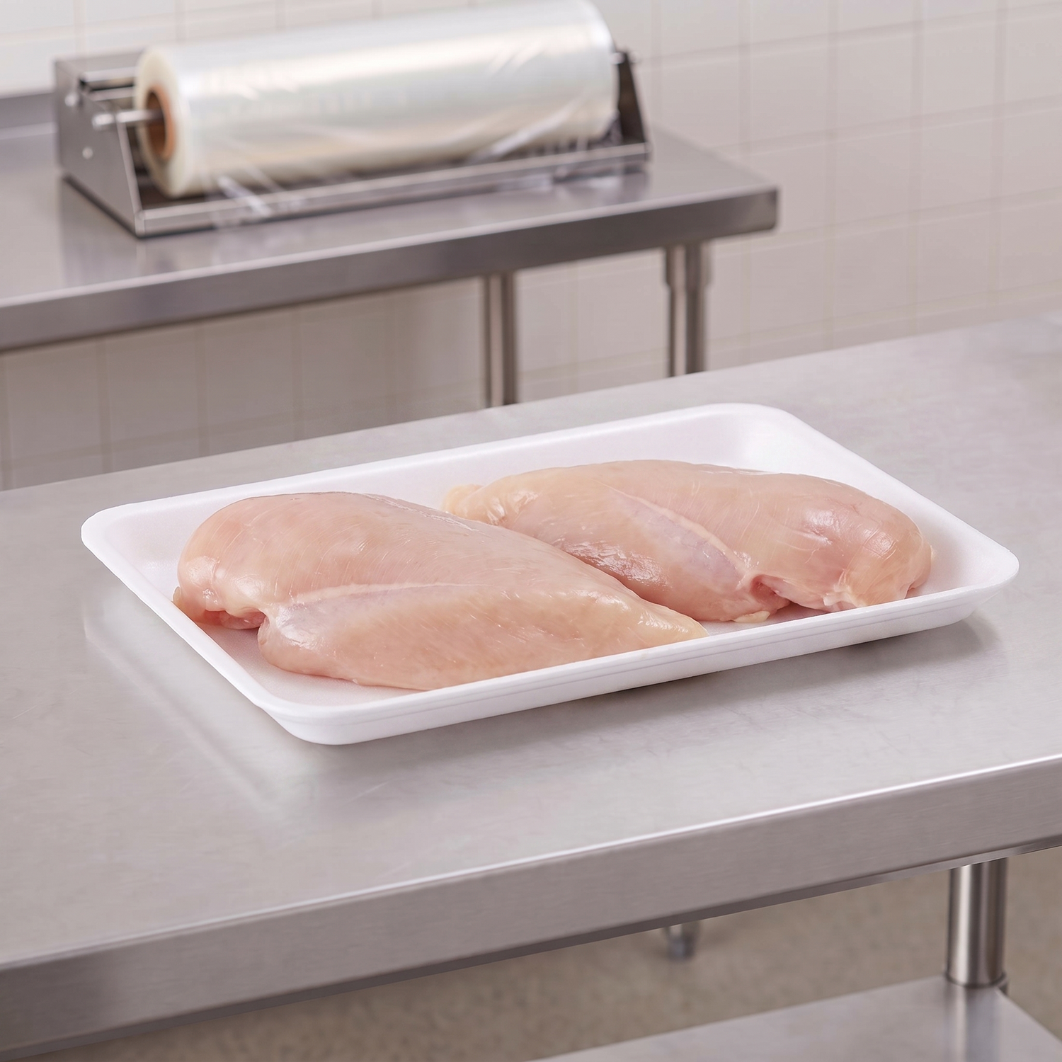 CKF 88129 #10P white foam meat tray holding two raw boneless chicken breasts on a stainless steel table in a meat packing room