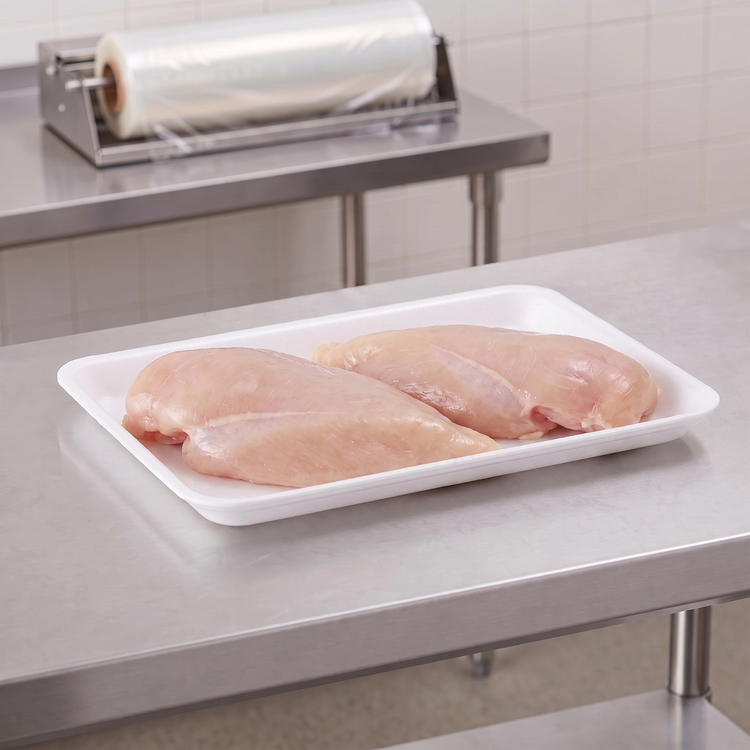 CKF 88129 #10P white foam meat tray holding two raw boneless chicken breasts on a stainless steel table in a meat packing room