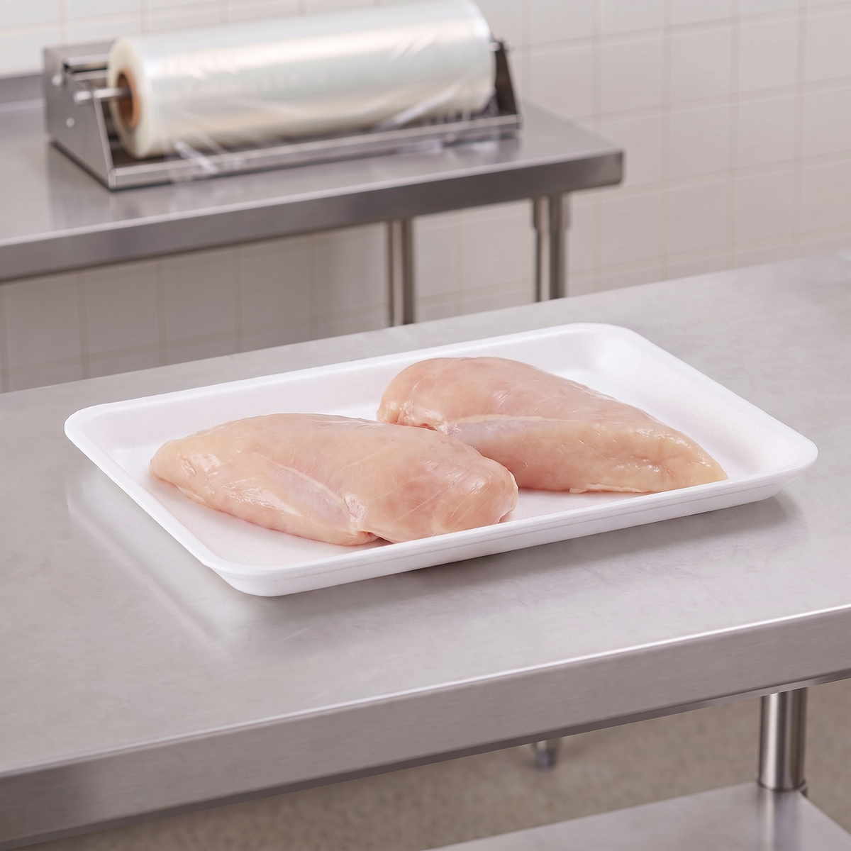 CKF 88134 #4S white foam meat tray holding two raw boneless chicken breasts on a stainless steel table in a meat packing room