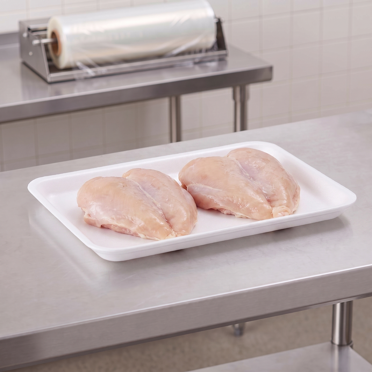 CKF 88136 #8S white foam meat tray holding two raw bone-in split chicken breasts on a stainless steel table in a meat packing room