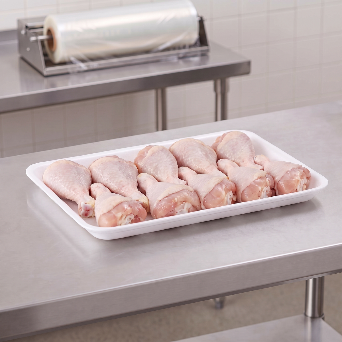 CKF 88141 #10K white foam meat tray holding raw chicken drumsticks on a stainless steel table in a meat packing room