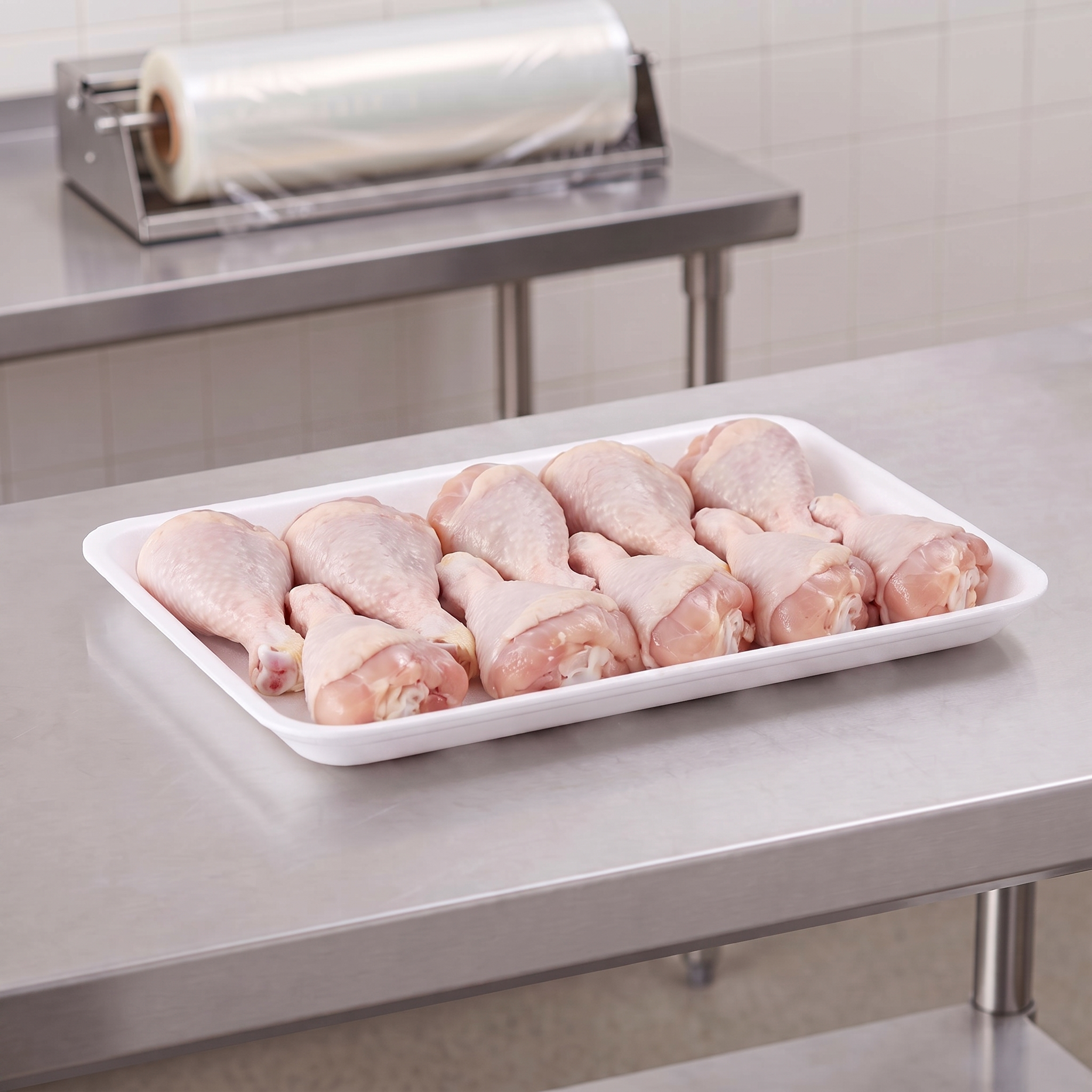 CKF 88141 #10K white foam meat tray holding raw chicken drumsticks on a stainless steel table in a meat packing room