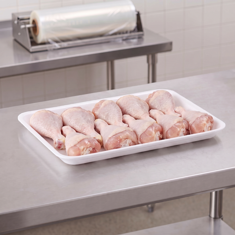 CKF 88141 #10K white foam meat tray holding raw chicken drumsticks on a stainless steel table in a meat packing room