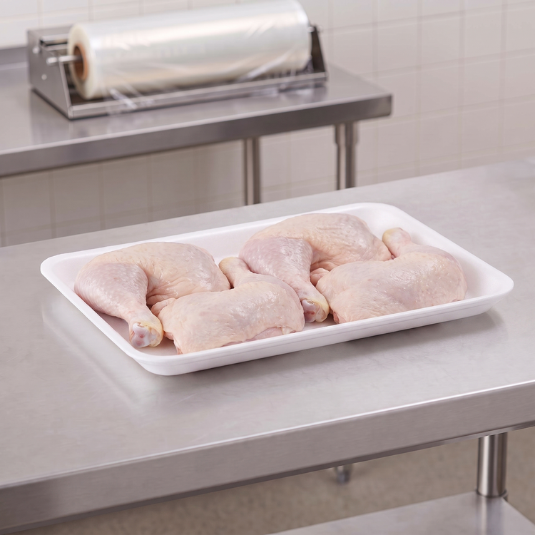CKF 88142 #10X14 white foam meat tray holding four raw chicken leg quarters on a stainless steel table in a meat packing room