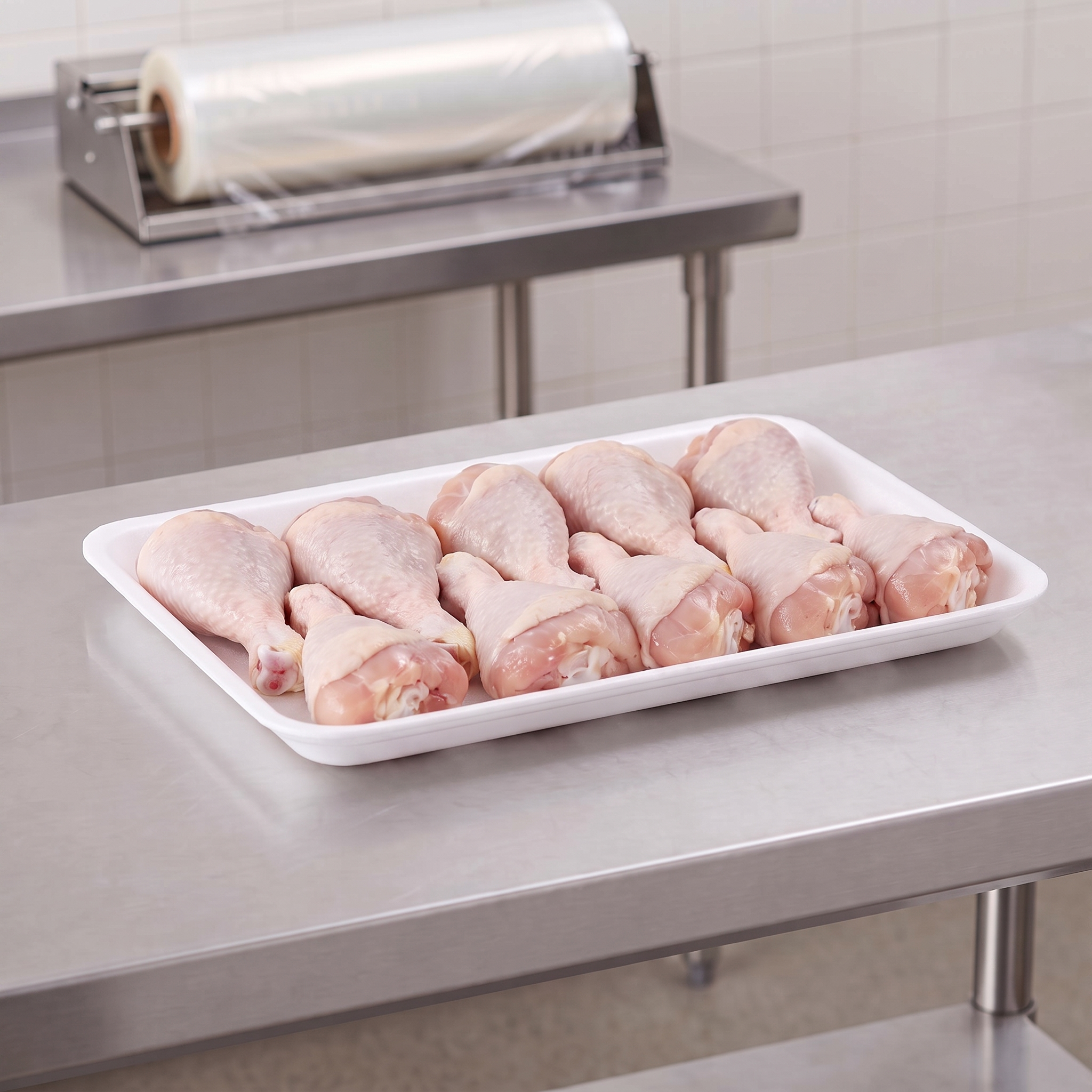 CKF 88144 #8P white foam meat tray holding raw chicken drumsticks on a stainless steel table in a meat packing room