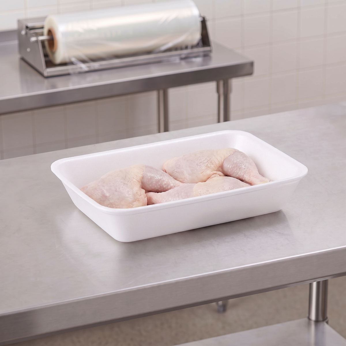 CKF 88146 #42P white foam meat tray holding two raw chicken leg quarters on a stainless steel table in a meat packing room