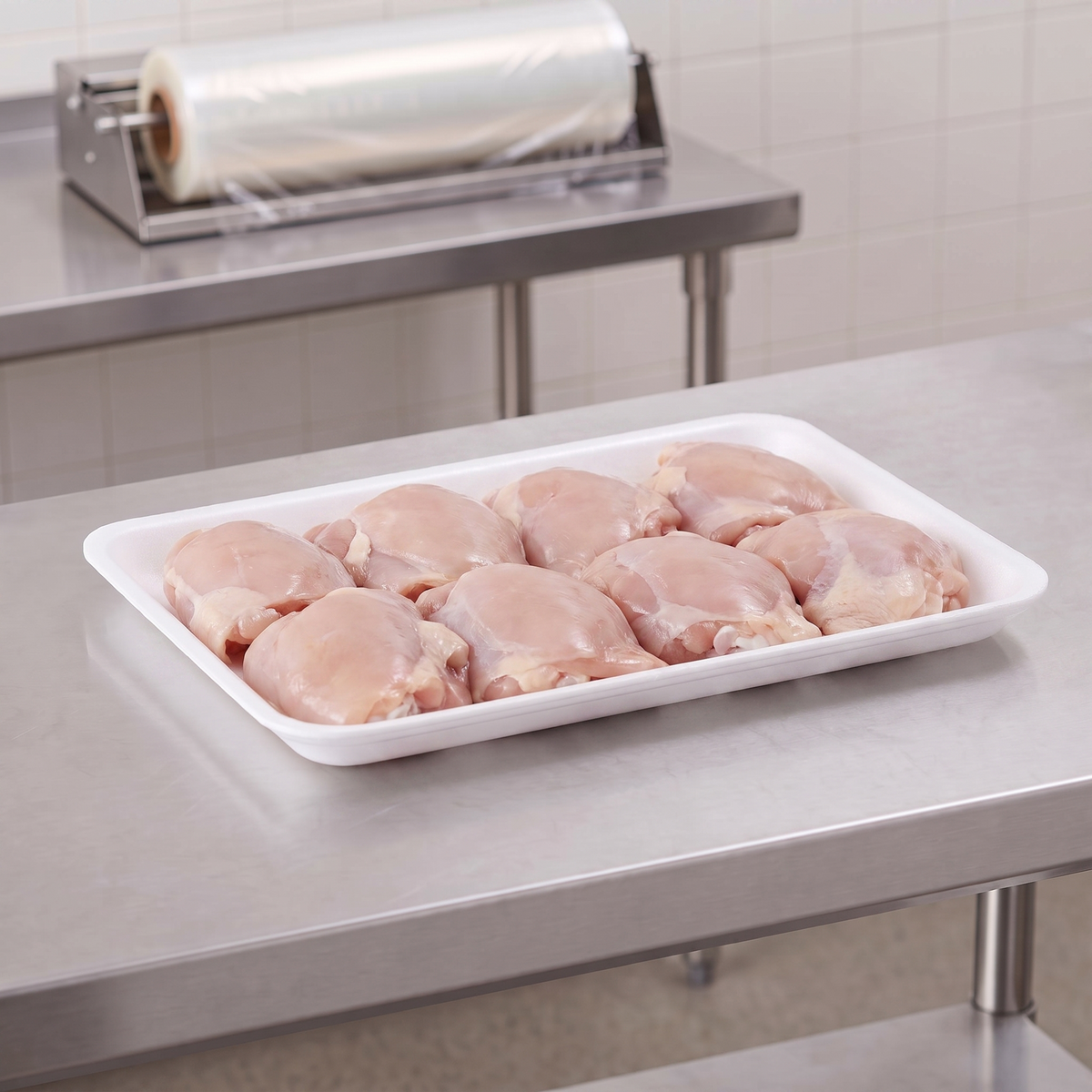 CKF 88150 #4P white foam meat tray holding raw boneless chicken thighs on a stainless steel table in a meat packing room