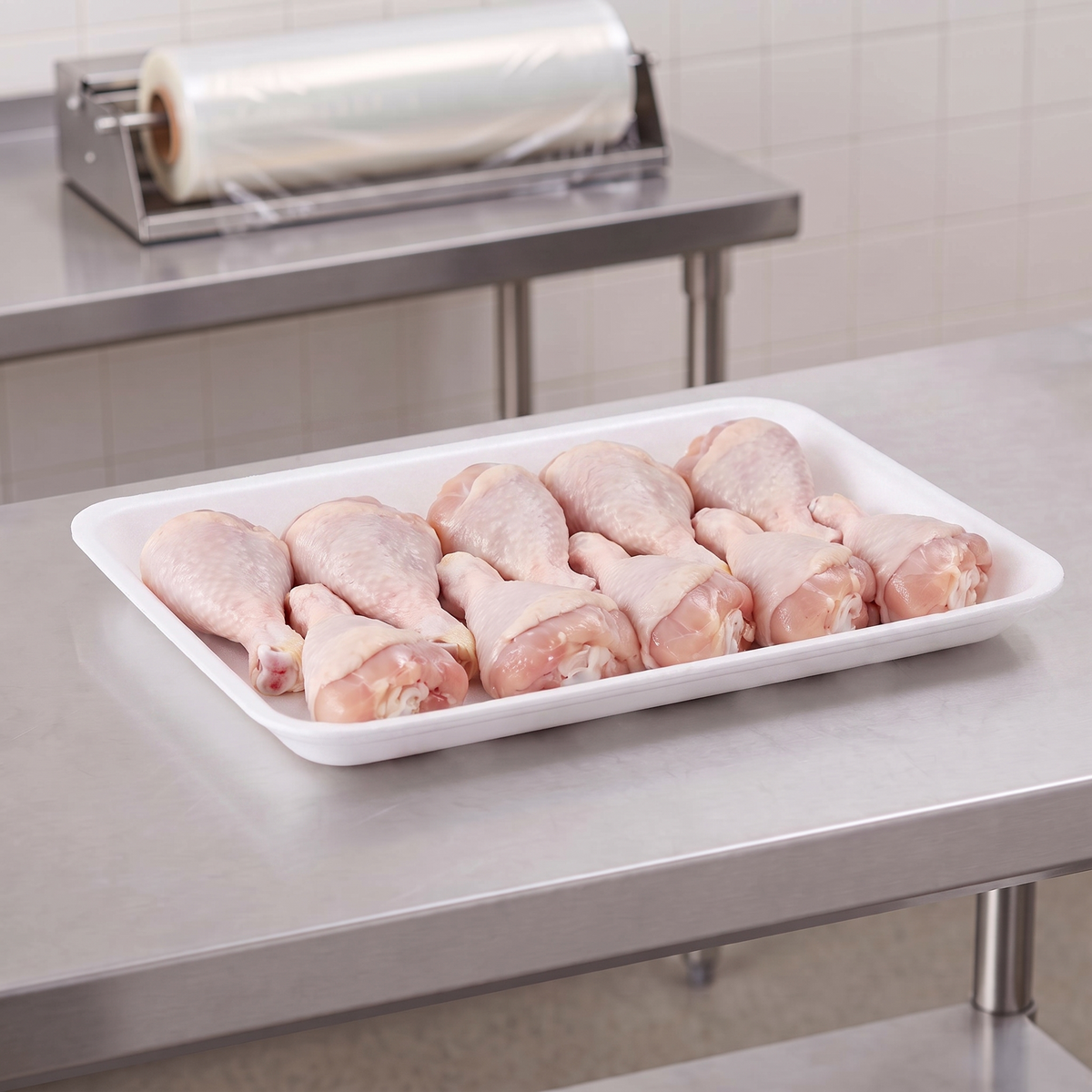 CKF 88151 #8DP white foam meat tray holding raw chicken drumsticks on a stainless steel table in a meat packing room