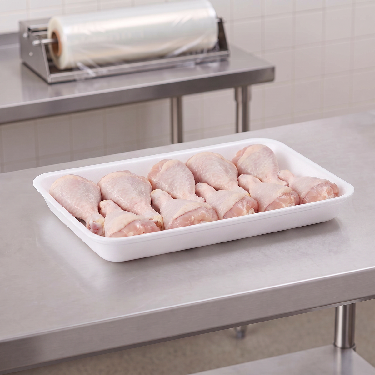 CKF 88157 #25D white foam meat tray holding raw chicken drumsticks on a stainless steel table in a meat packing room