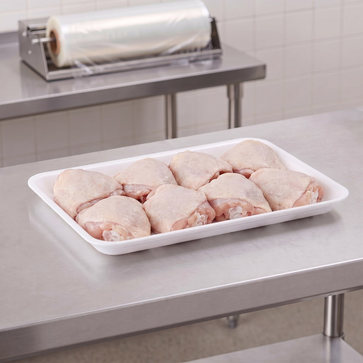 CKF 88167 #3PP white foam meat tray holding raw bone-in chicken thighs on a stainless steel table in a meat packing room