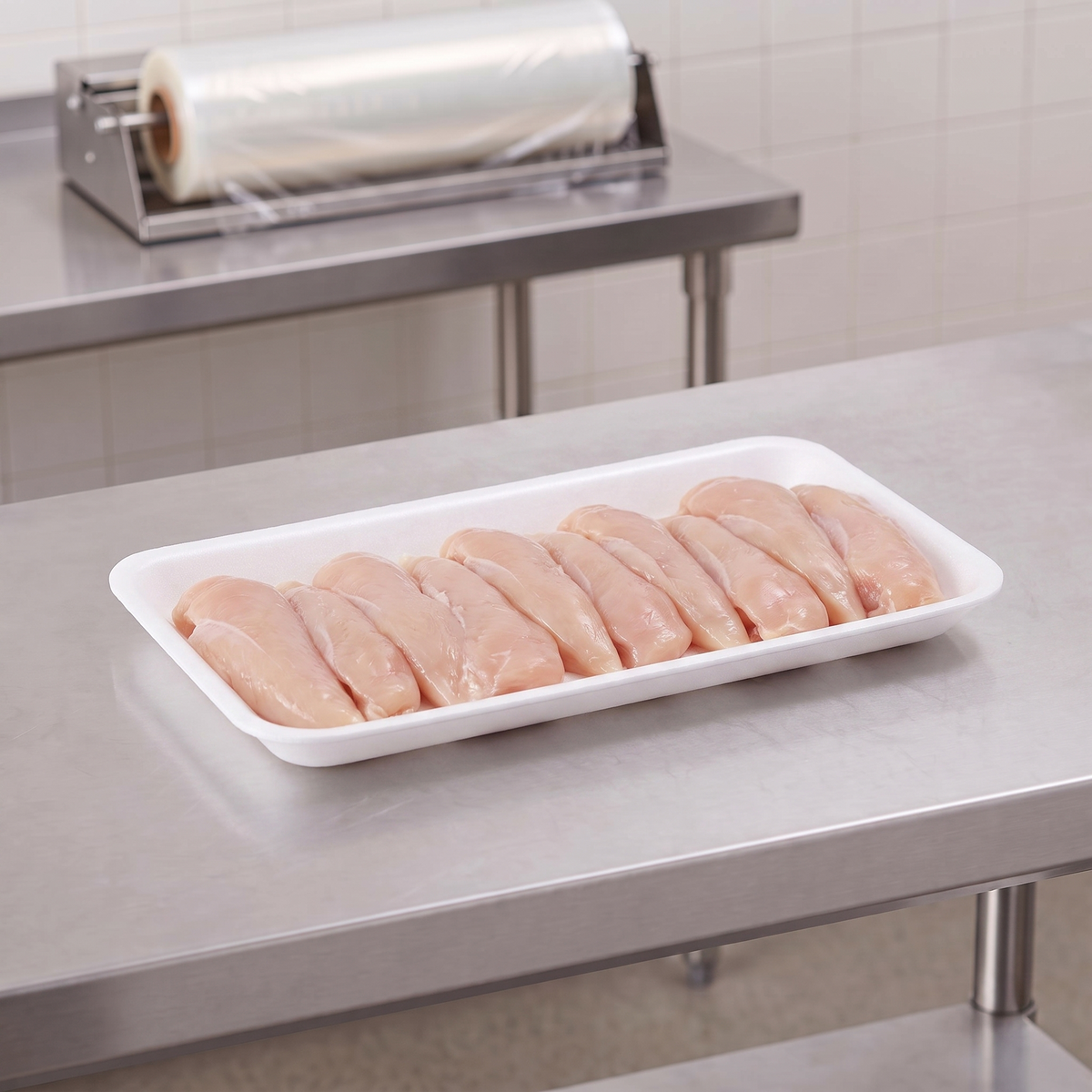 CKF 88168 #10S heavy duty white foam meat tray holding a row of raw chicken tenders on a stainless steel table in a meat packing room