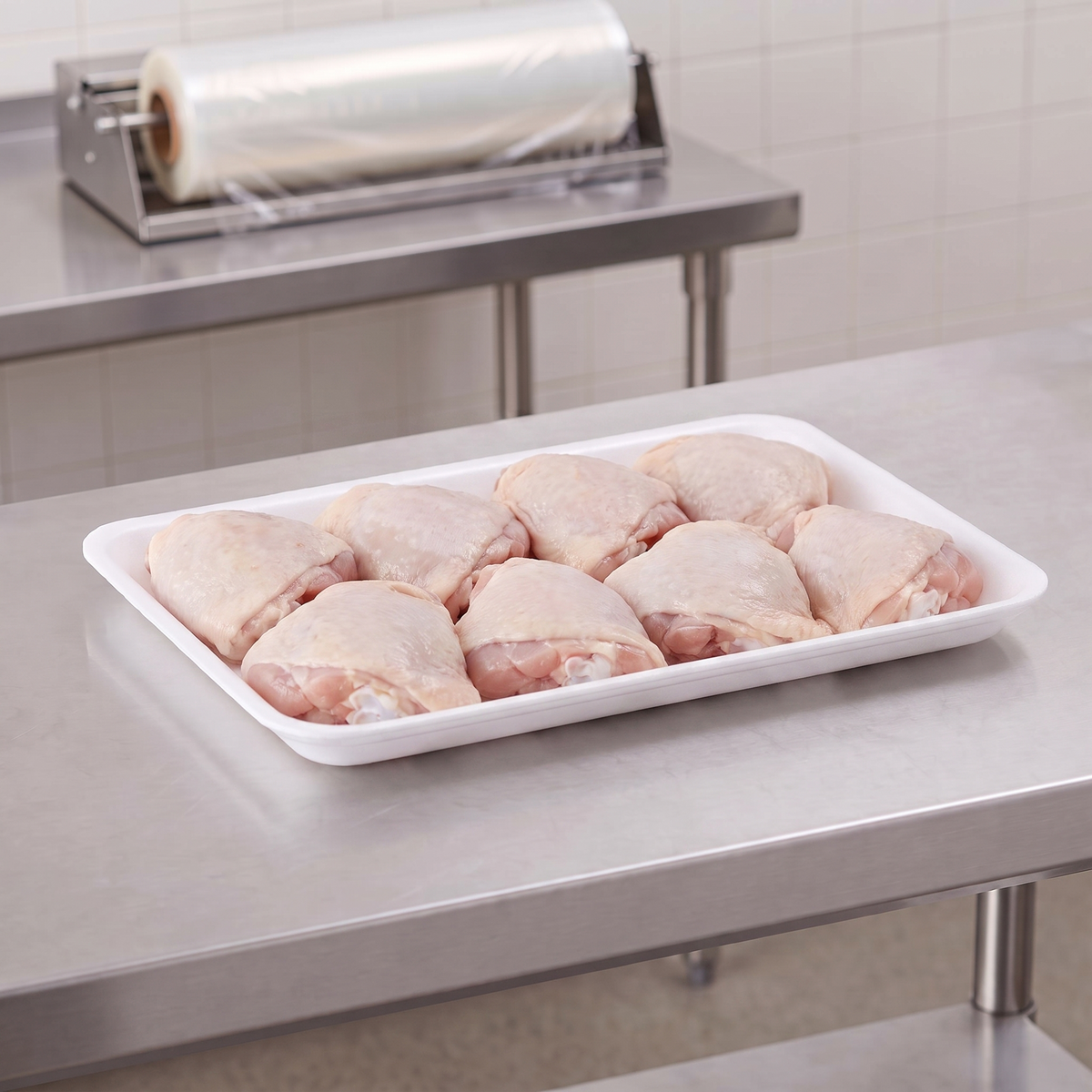 CKF 88176 #4PR white foam meat tray holding raw bone-in chicken thighs on a stainless steel table in a meat packing room