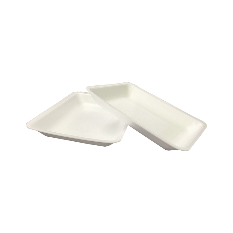 CKF 88176 #4PR white foam meat trays, 9.25 x 7.25 x 1.25 inches, shown empty on a white background
