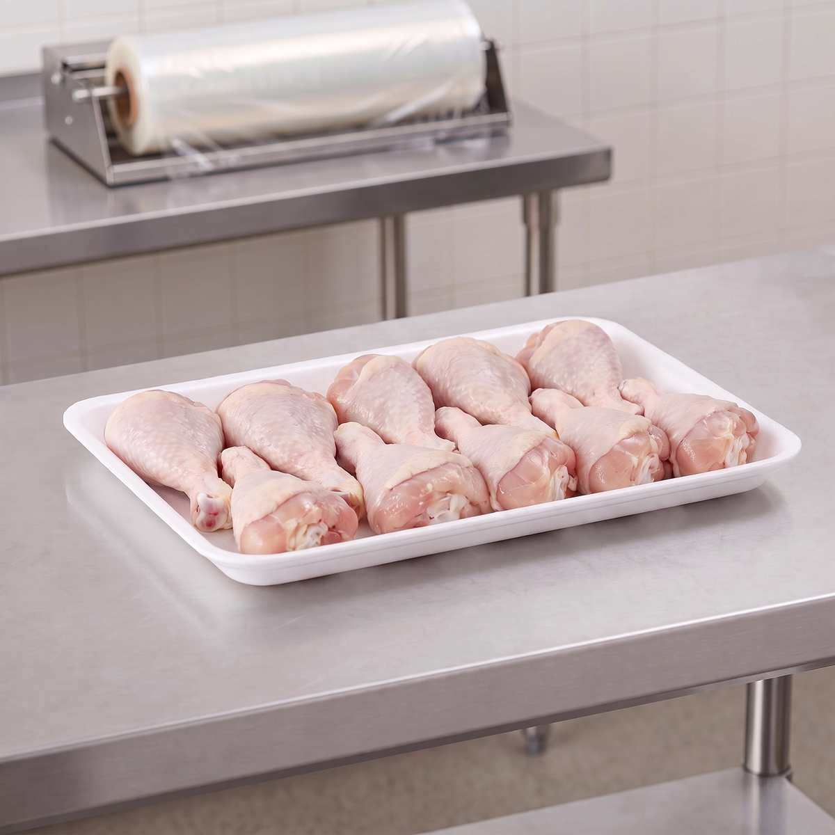 CKF 88179 #25S white heavy duty foam meat tray holding a row of raw chicken drumsticks on a stainless steel table in a meat packing room
