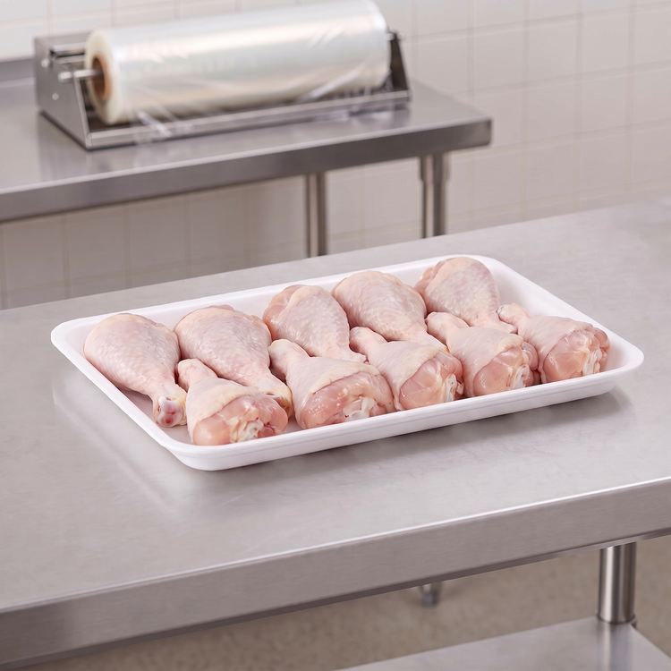 CKF 88179 #25S white heavy duty foam meat tray holding a row of raw chicken drumsticks on a stainless steel table in a meat packing room