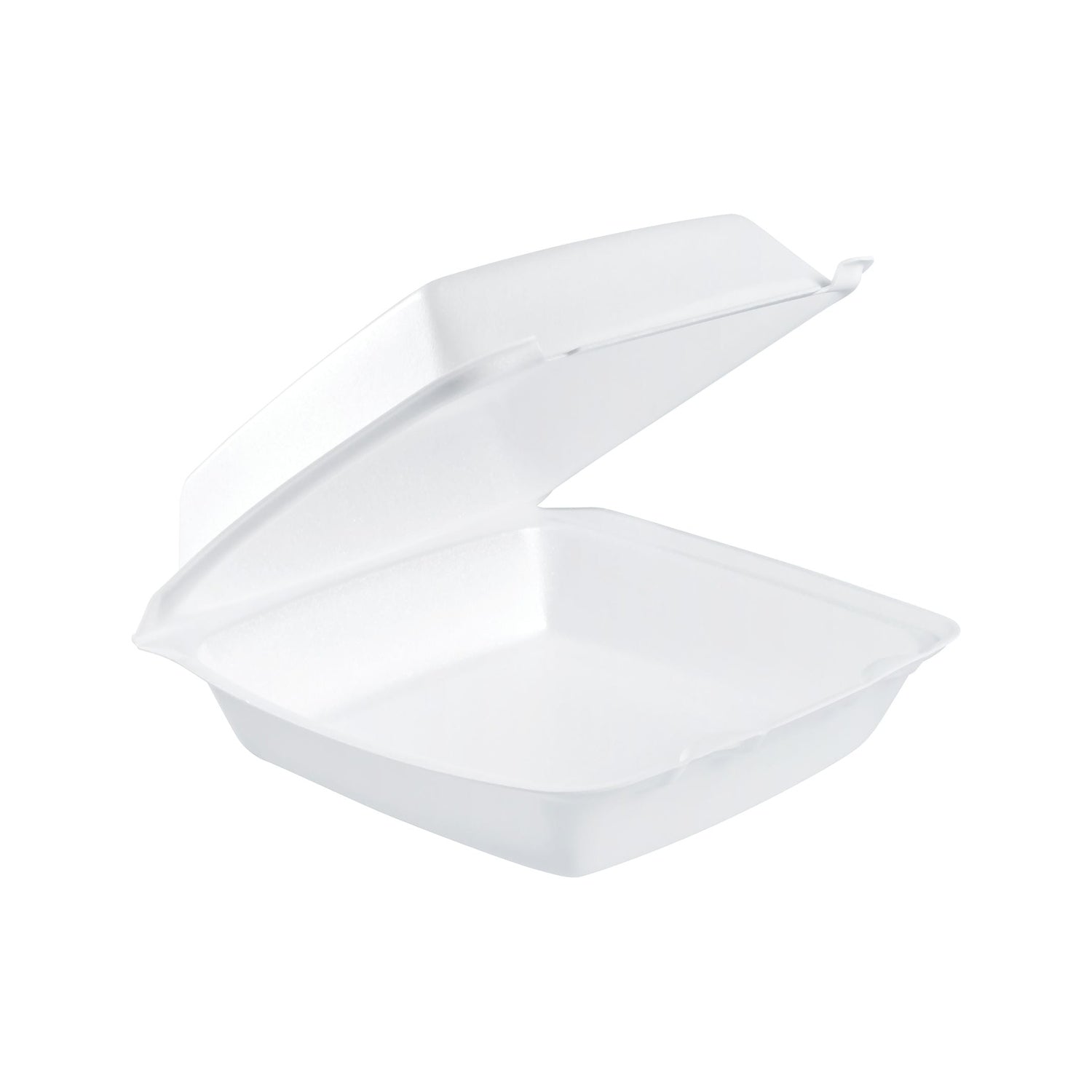 Dart 85HT1R 8.5 inch white XPS foam hinged container open on a white background
