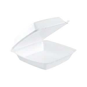Dart 85HT1R 8.5 inch white XPS foam hinged container open on a white background