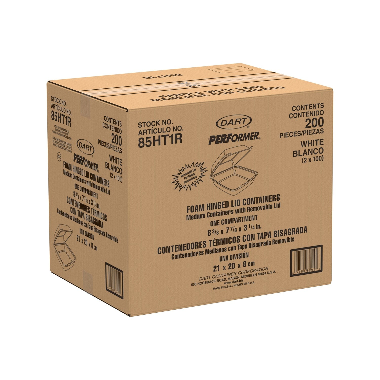 Dart 85HT1R shipping case containing 200 white foam hinged containers
