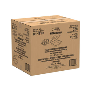 Dart 85HT1R shipping case containing 200 white foam hinged containers