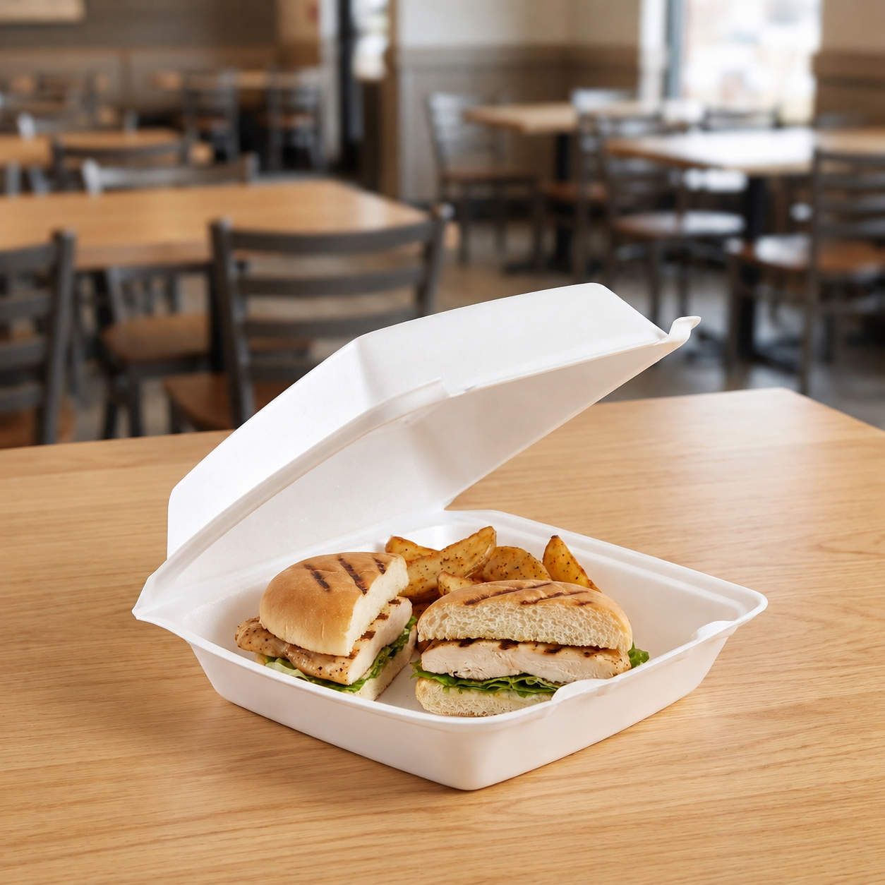 Dart 85HT1R white XPS foam hinged container holding a chicken sandwich and potato wedges