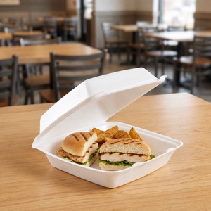 Dart 85HT1R white XPS foam hinged container holding a chicken sandwich and potato wedges