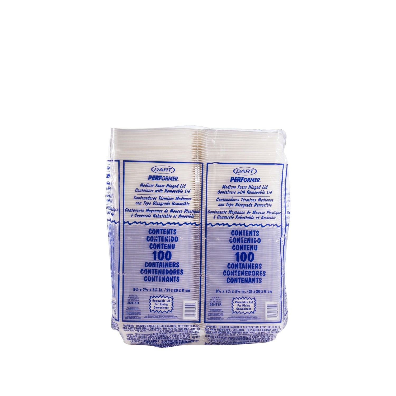 Dart 85HT1R sleeve of 100 white foam hinged containers