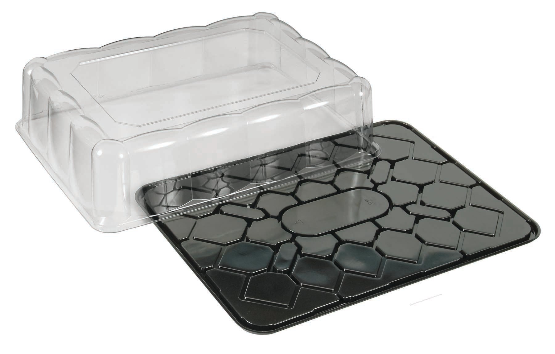 D&W Fine Pack DC92P black cake base with clear scalloped dome