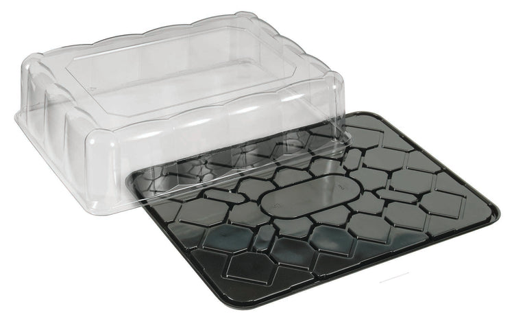 D&W Fine Pack DC92P black cake base with clear scalloped dome