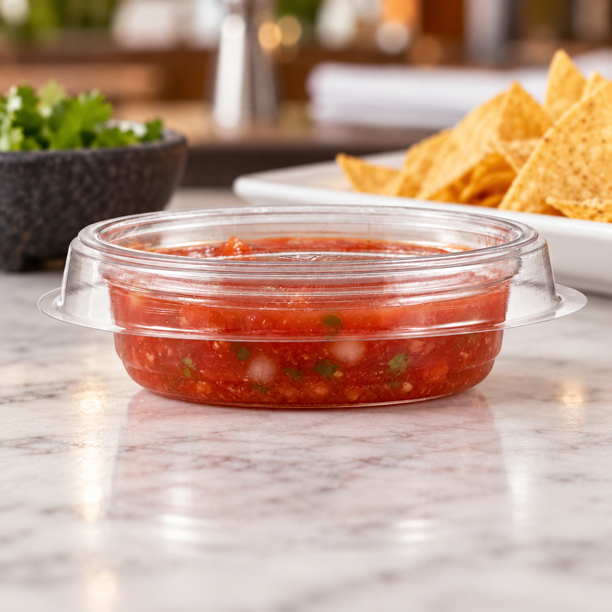 Inline Plastics CC2R clear 2 oz round condiment insert cup filled with salsa