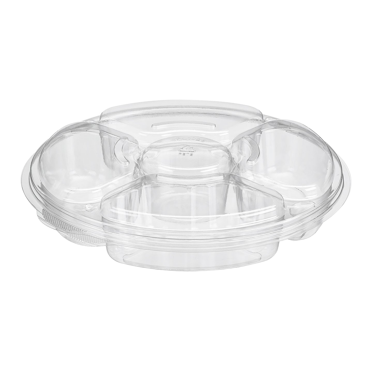 Inline Plastics Essentials PL042C 42 oz. 5-compartment two-piece platter with dome lid, shown on a transparent background