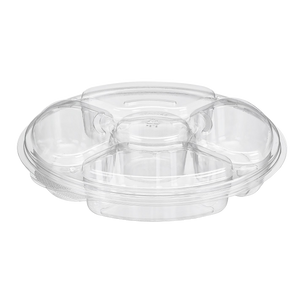 Inline Plastics Essentials PL042C 42 oz. 5-compartment two-piece platter with dome lid, shown on a transparent background