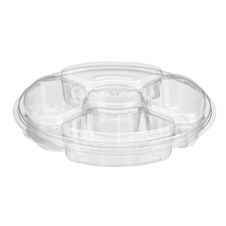 Inline Plastics Essentials PL042C 42 oz. 5-compartment two-piece platter with dome lid, shown on a transparent background