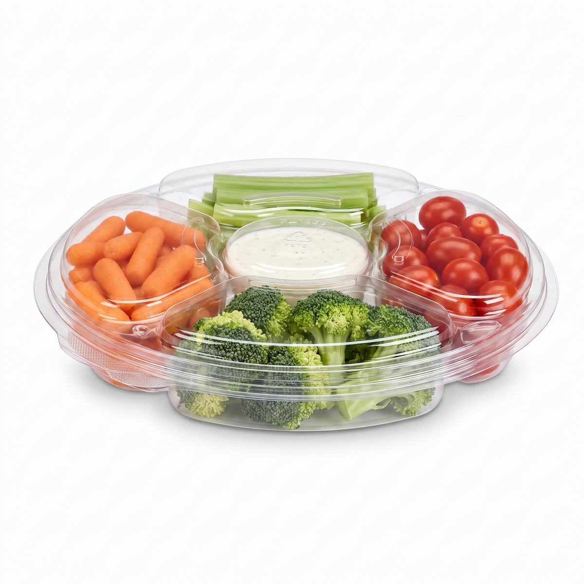 Inline Plastics Essentials PL042C 42 oz. 5-compartment platter holding a cold crudite tray with ranch dip