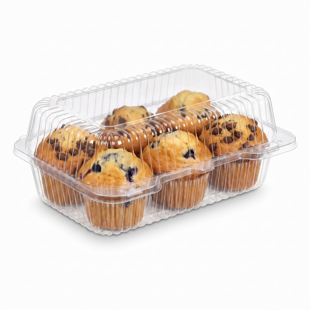 Inline Plastics Essentials SLP19 49 oz. rectangular hinged container filled with blueberry and chocolate chip muffins