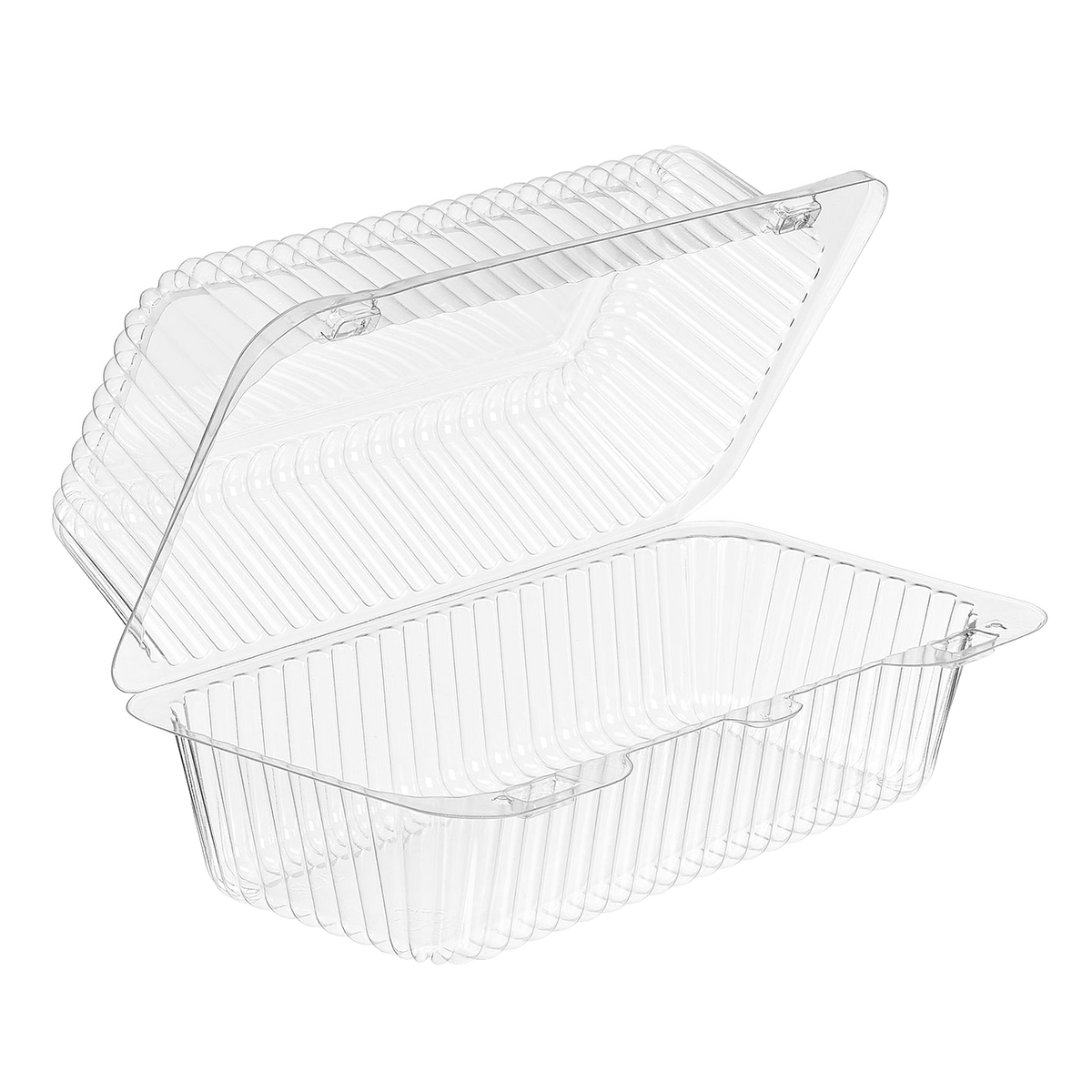 Inline Plastics Essentials SLP19 49 oz. rectangular hinged container, shown on a transparent background