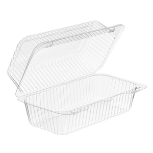 Inline Plastics Essentials SLP19 49 oz. rectangular hinged container, shown on a transparent background