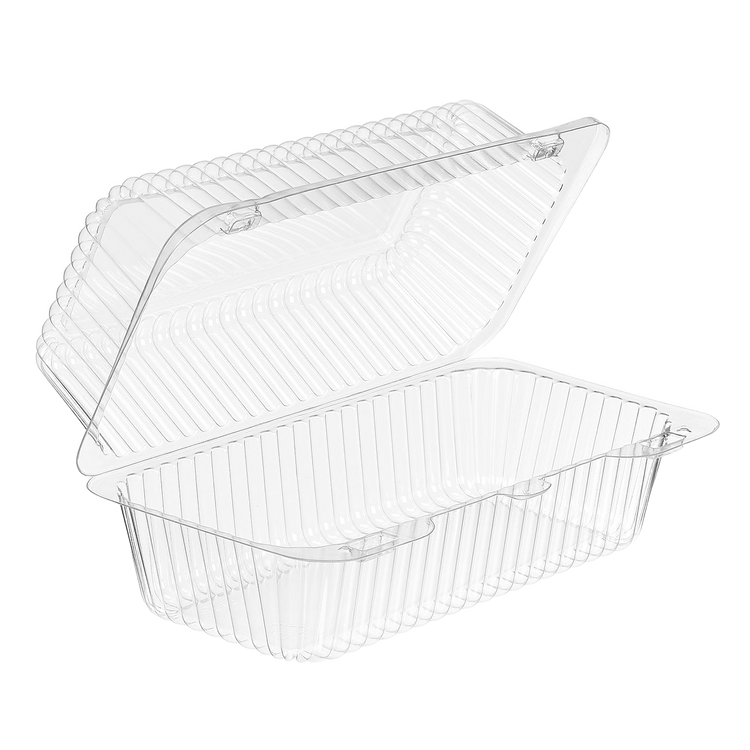 Inline Plastics Essentials SLP19 49 oz. rectangular hinged container, shown on a transparent background