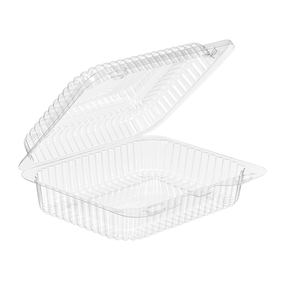 Inline Plastics Essentials SLP26 34 oz. rectangular hinged container with dome lid, shown on a transparent background