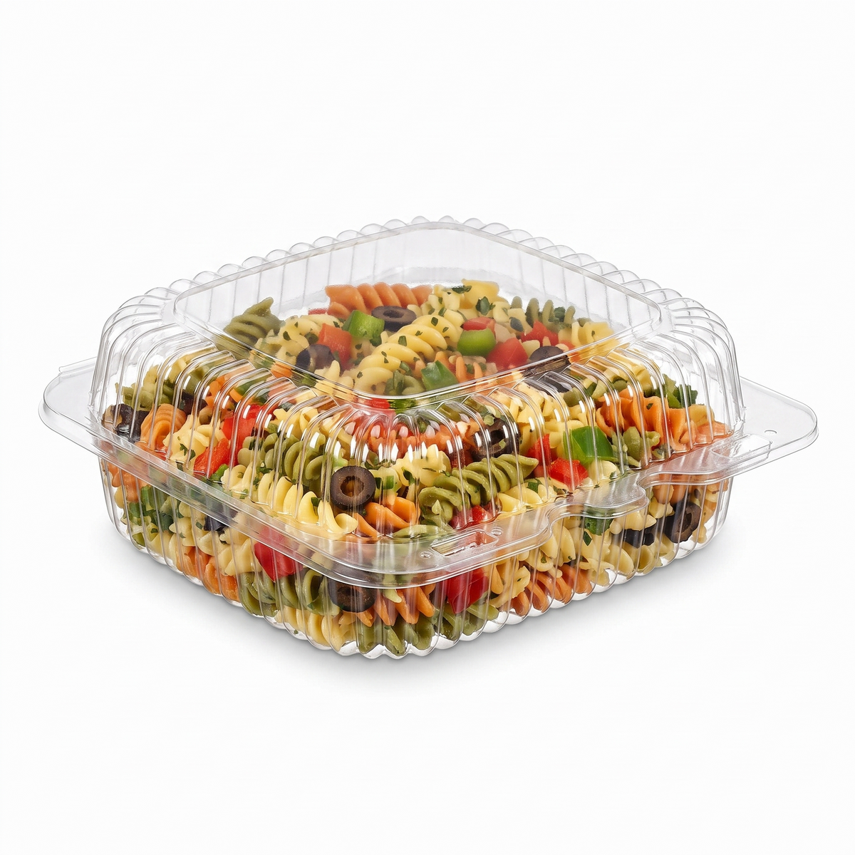 Inline Plastics Essentials SLP26 34 oz. dome-lid container filled with tri-color rotini pasta salad