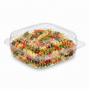 Inline Plastics Essentials SLP26 34 oz. dome-lid container filled with tri-color rotini pasta salad