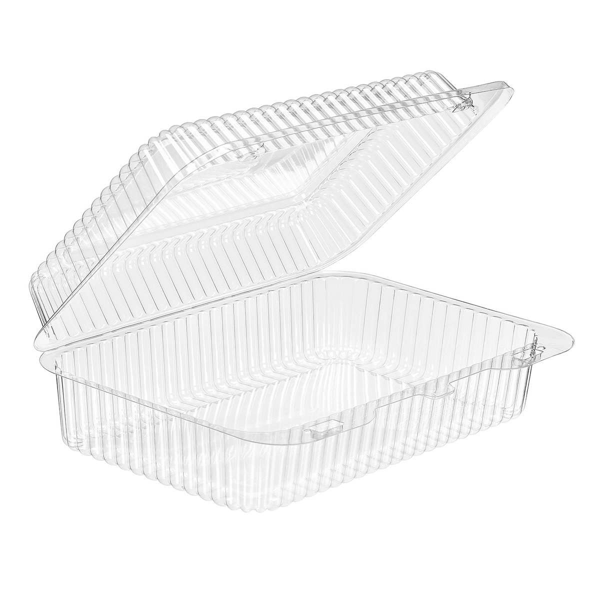 Inline Plastics Essentials SLP40 73.3 oz. rectangular hinged container with dome lid, shown on a transparent background