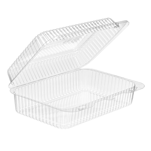 Inline Plastics Essentials SLP40 73.3 oz. rectangular hinged container with dome lid, shown on a transparent background