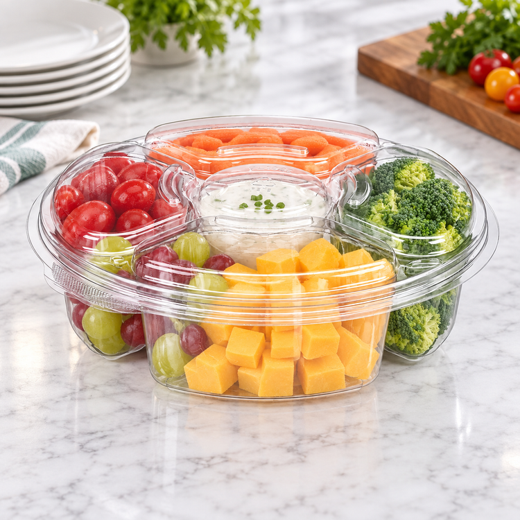 Inline Plastics PL065C clear 5-compartment catering platter with vegetables, fruit, cheese, and dip